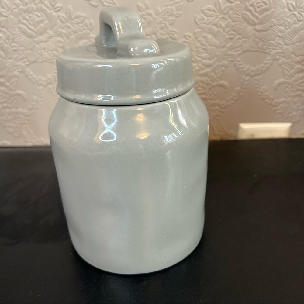 Rae Dunn Gray Black Tea Canister approx 6.5” high - Picture 2 of 6